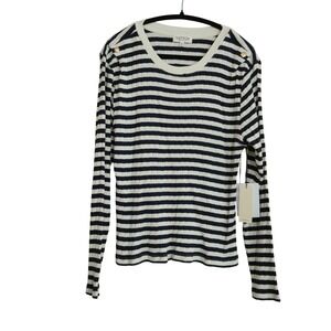 Nation LTD Striped Rib Knit Long Sleeve Top Navy Cream Gold Button XXL NEW
